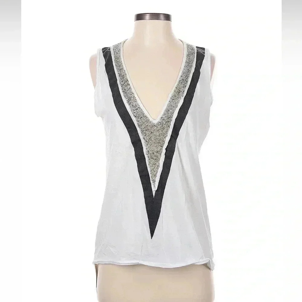Andrea Bogosian plunge v sleeveless t-shirt w/ beaded trim, sz S